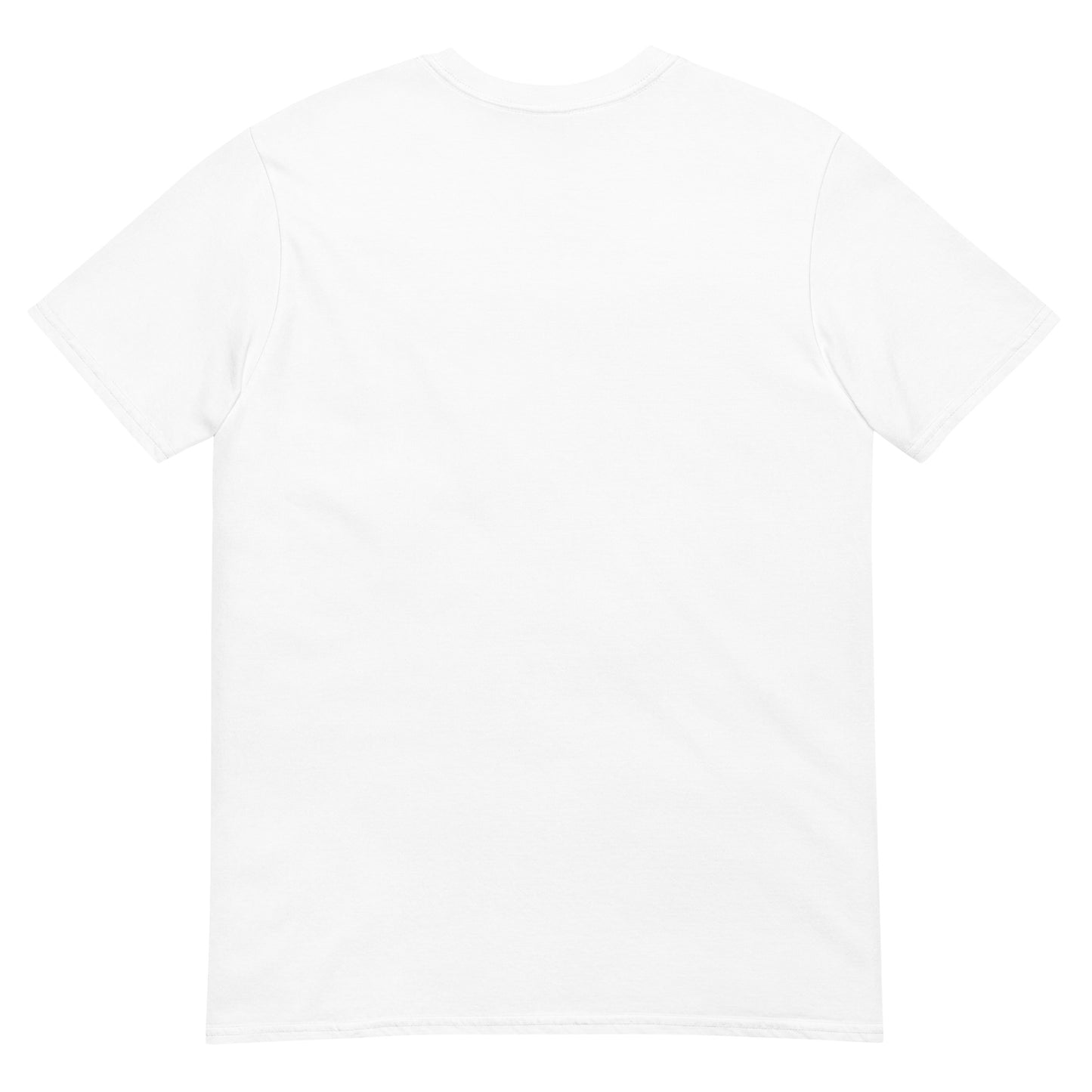 Plain white t-shirt with a small logo on the chest.