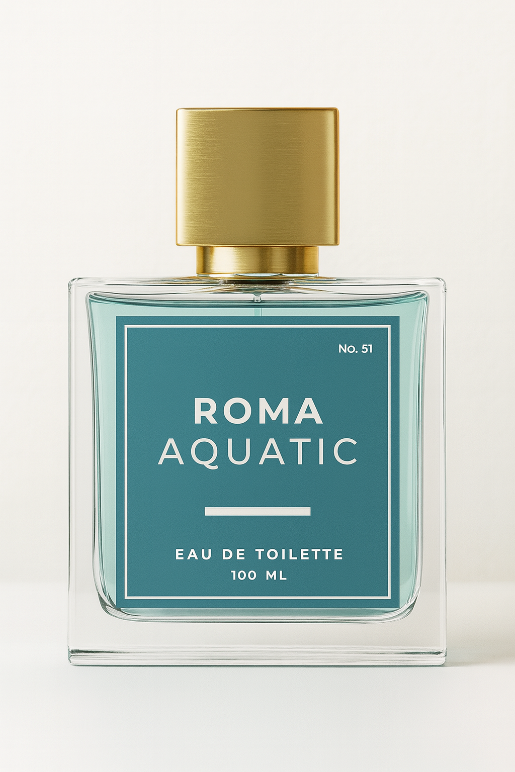 Perfume bottle labeled 'Roma Aquatic' with a gold cap on a white background