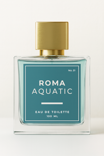 Perfume bottle labeled 'Roma Aquatic' with a gold cap on a white background
