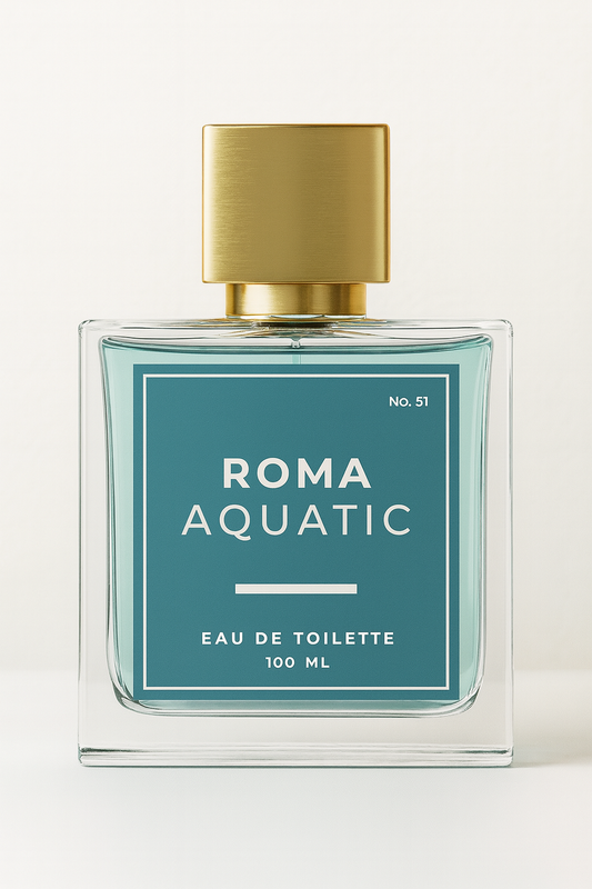 Perfume bottle labeled 'Roma Aquatic' with a gold cap on a white background