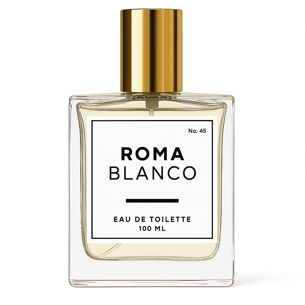Perfume bottle labeled 'Roma Blanco' with a gold cap on a white background