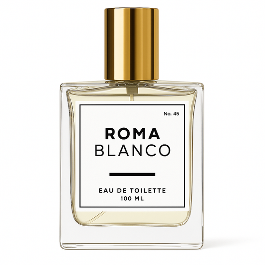 Perfume bottle labeled 'Roma Blanco' with a gold cap on a white background