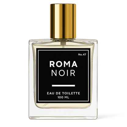 Perfume bottle labeled 'Roma Noir' with gold cap on a white background