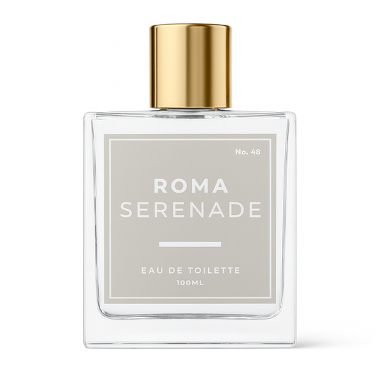 Perfume bottle labeled 'Roma Serenade' with gold cap on a white background