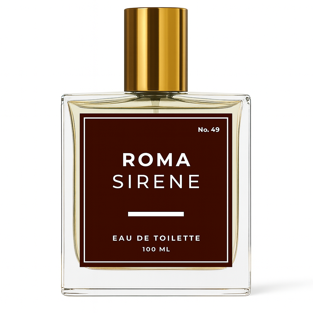 Perfume bottle labeled 'Roma Sirene' with gold cap on a white background