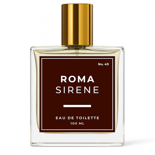 Perfume bottle labeled 'Roma Sirene' with gold cap on a white background