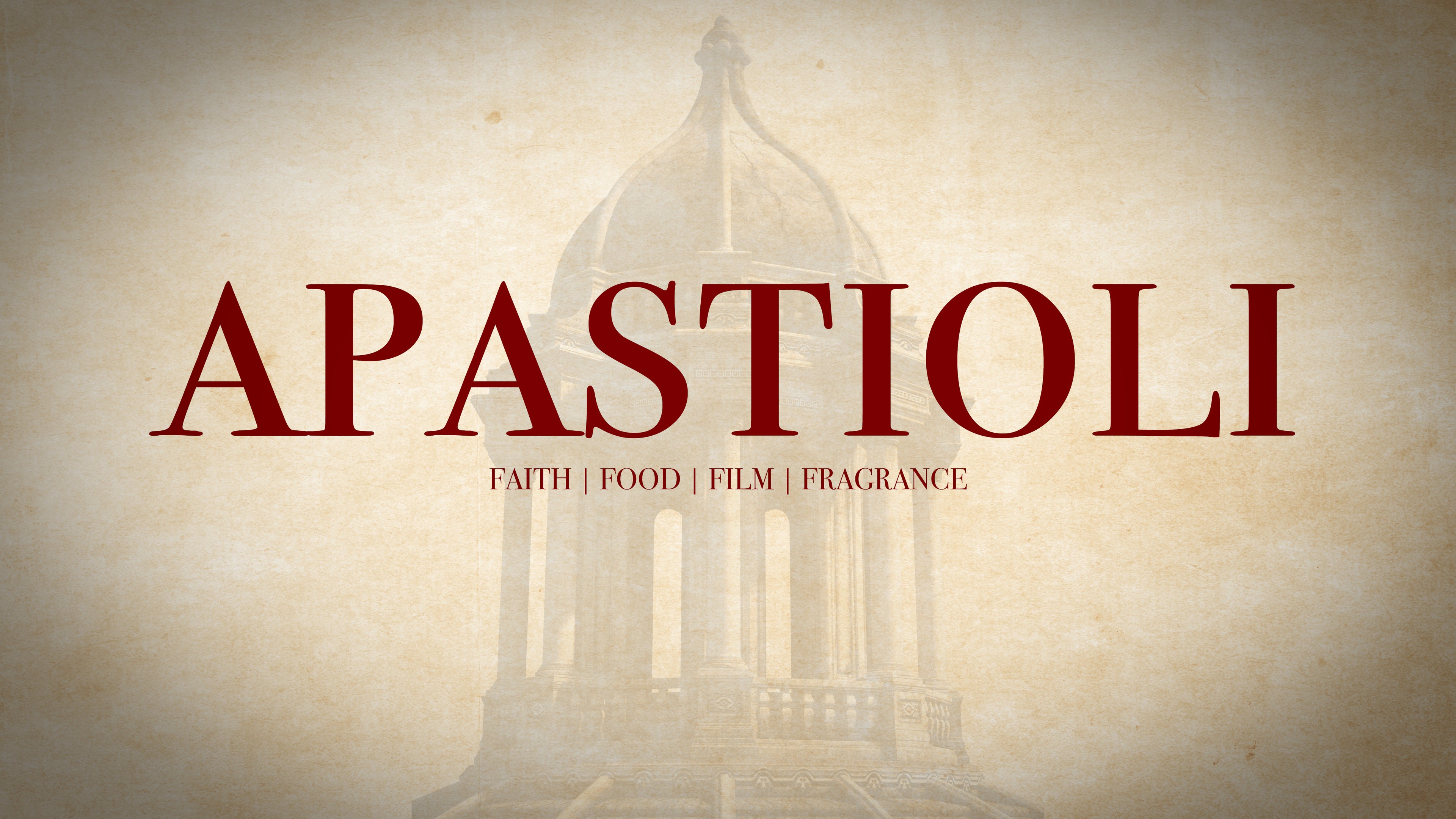 Logo of Apastioli with a religious building in the background on a textured beige background