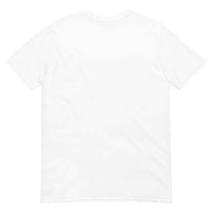 Plain white t-shirt with a small logo on the chest.
