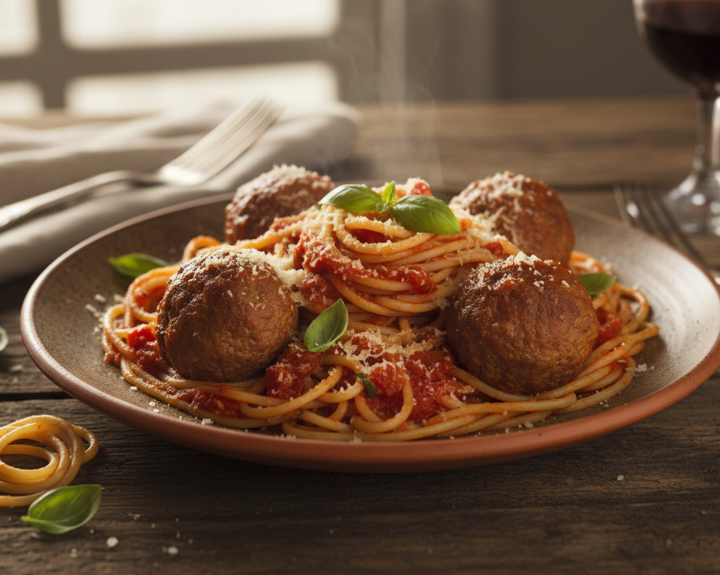 editorial image of spaghetti and meatballs