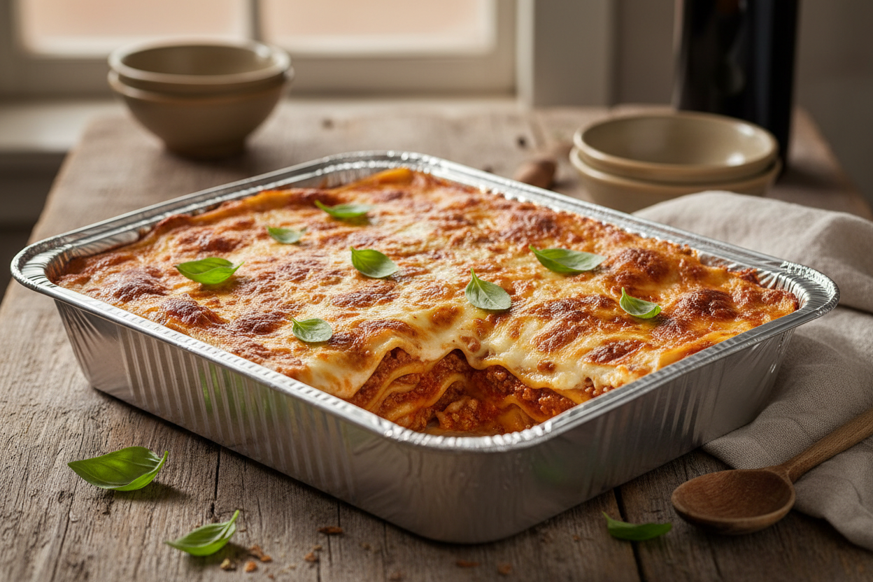 show the lasagna in an aluminum tray